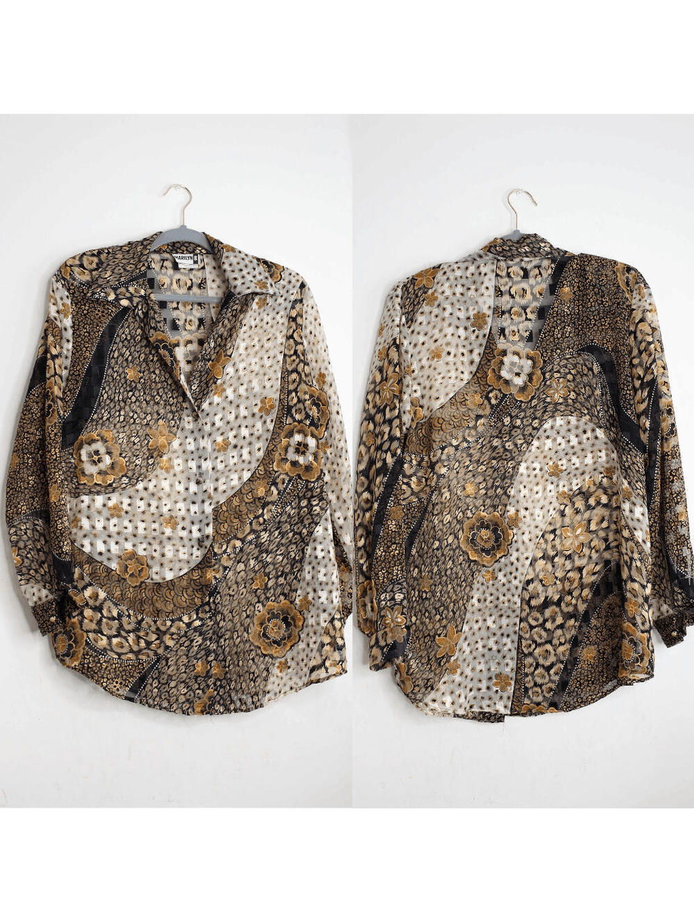 VTG Floral Black Gold Bronze Sheer Blouse - Medium